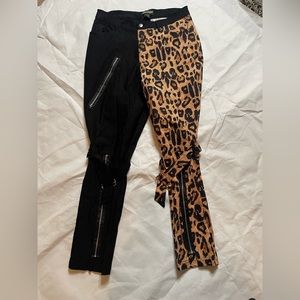 Women two tone leapard/black buckle knee flare pants